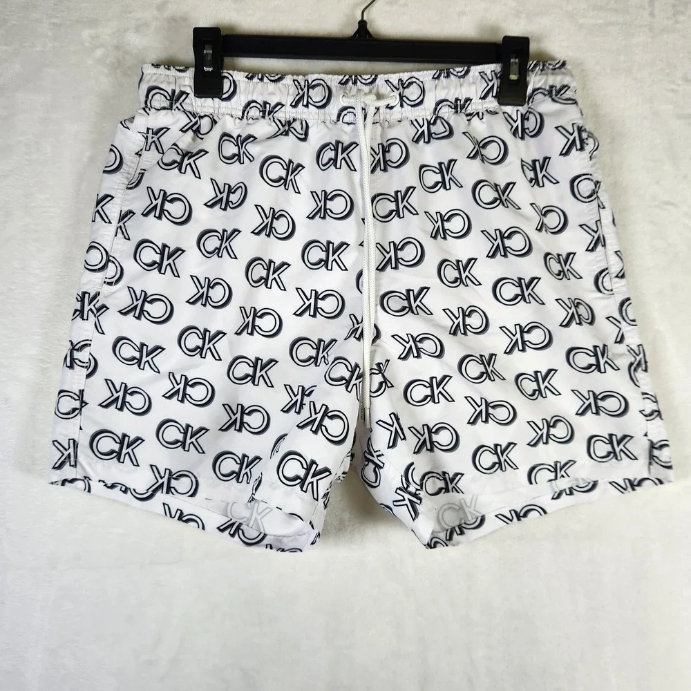 Calvin Klein Swim Trunks‎ Shorts White Black Logo Mens Medium